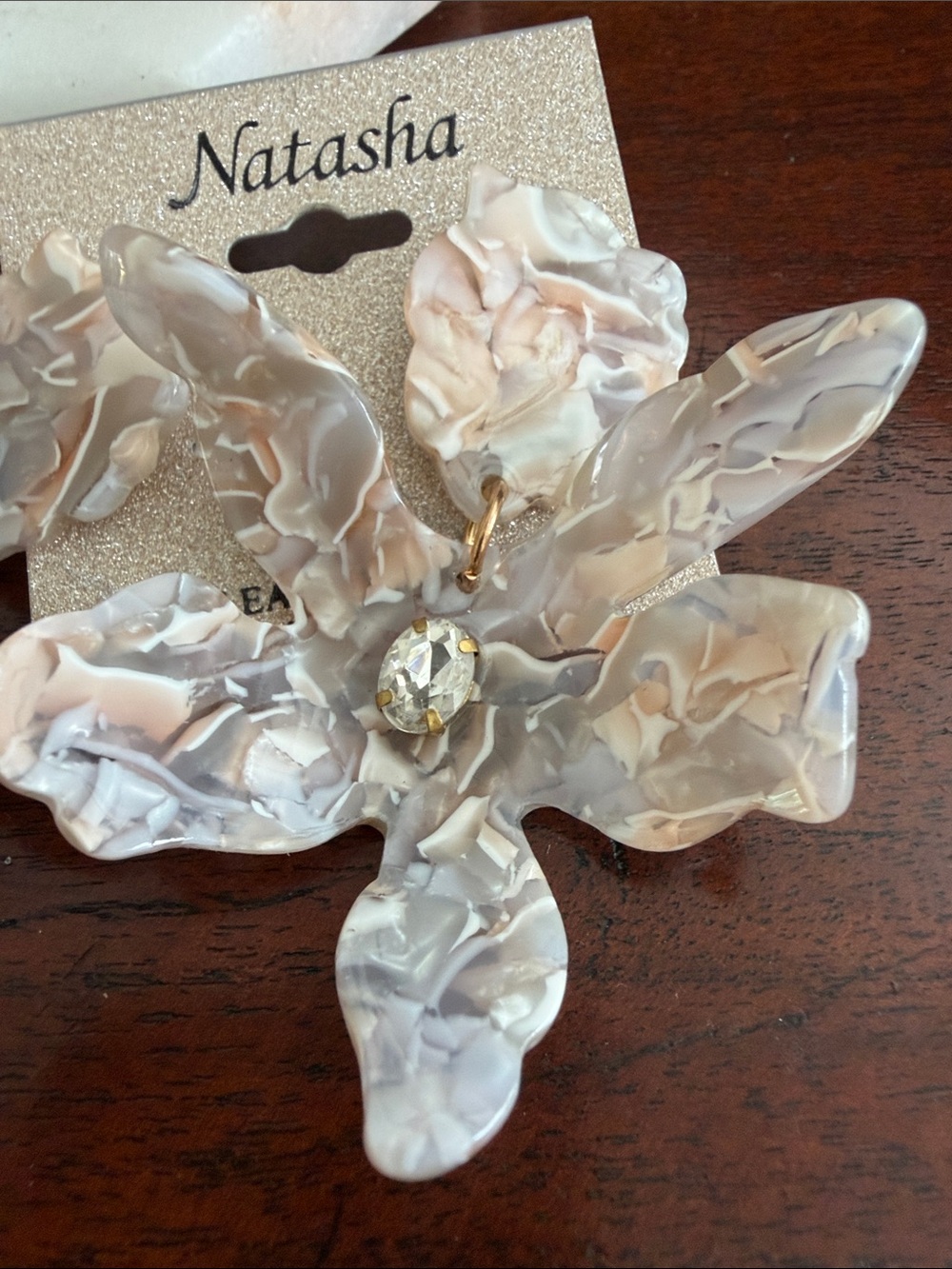 Natasha Couture Marbled Floral Drop Earrings in Cream and Gold - Picture 3 of 3
